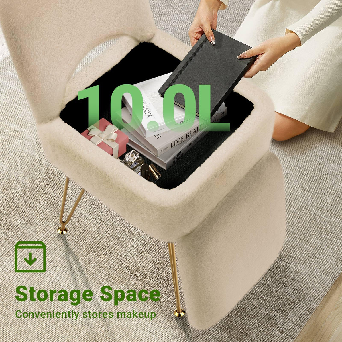 GREENSTELL vanity stool faux fur offers plush comfort for relaxing routines.