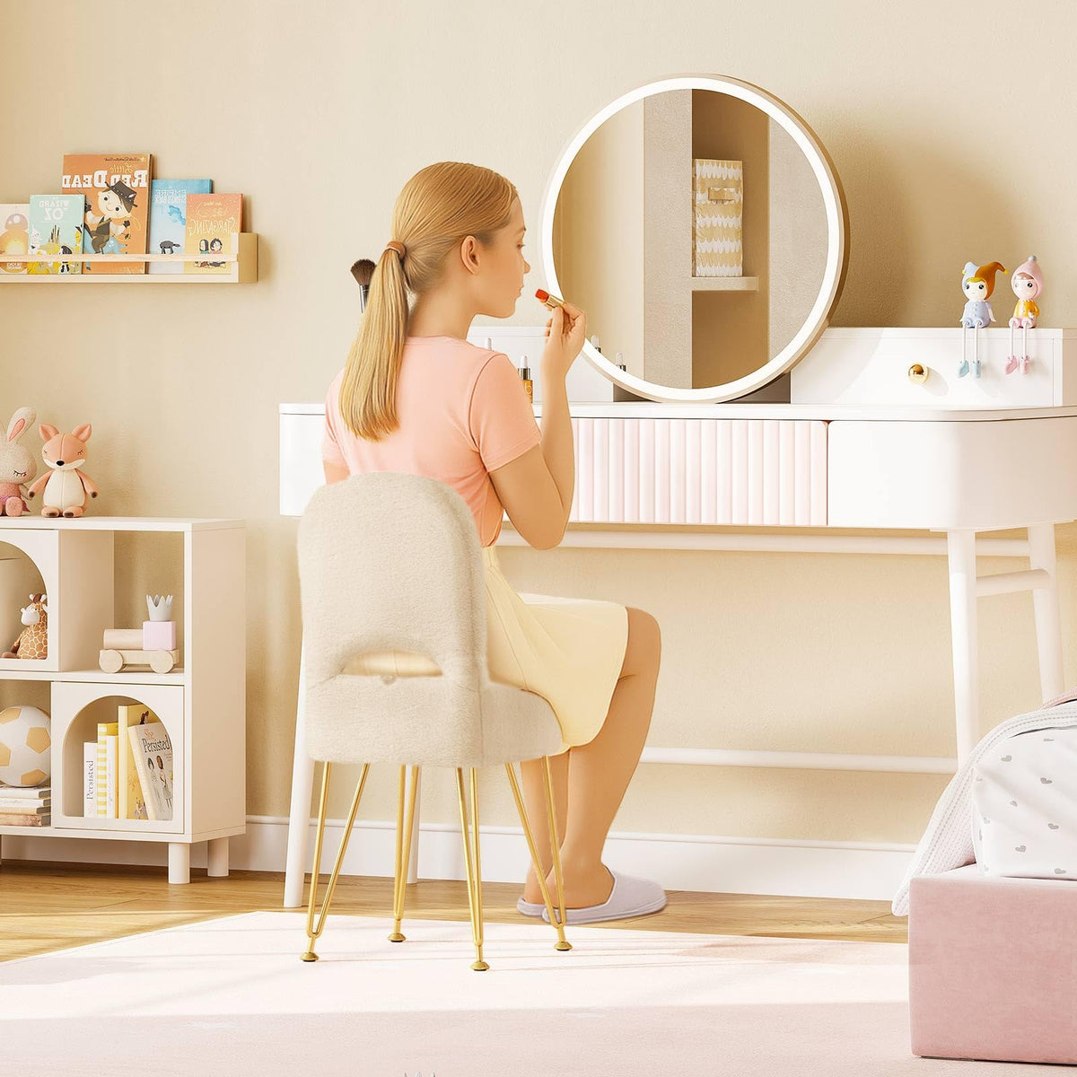 GREENSTELL vanity stool folding-back highlights adjustable support for long makeup sessions.