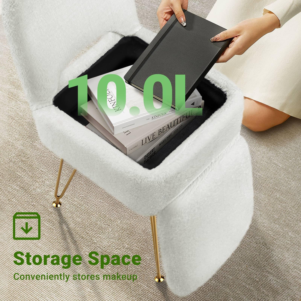 Greenstell vanity stool folding backrest demonstrates adjustable support for makeup sessions.