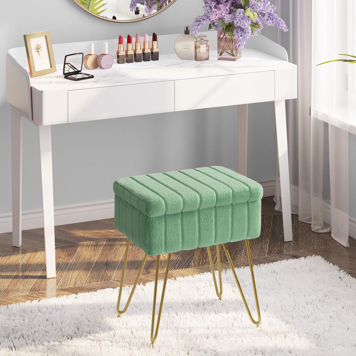 Greenstell vanity stool with metal legs and anti-slip feet for stability.