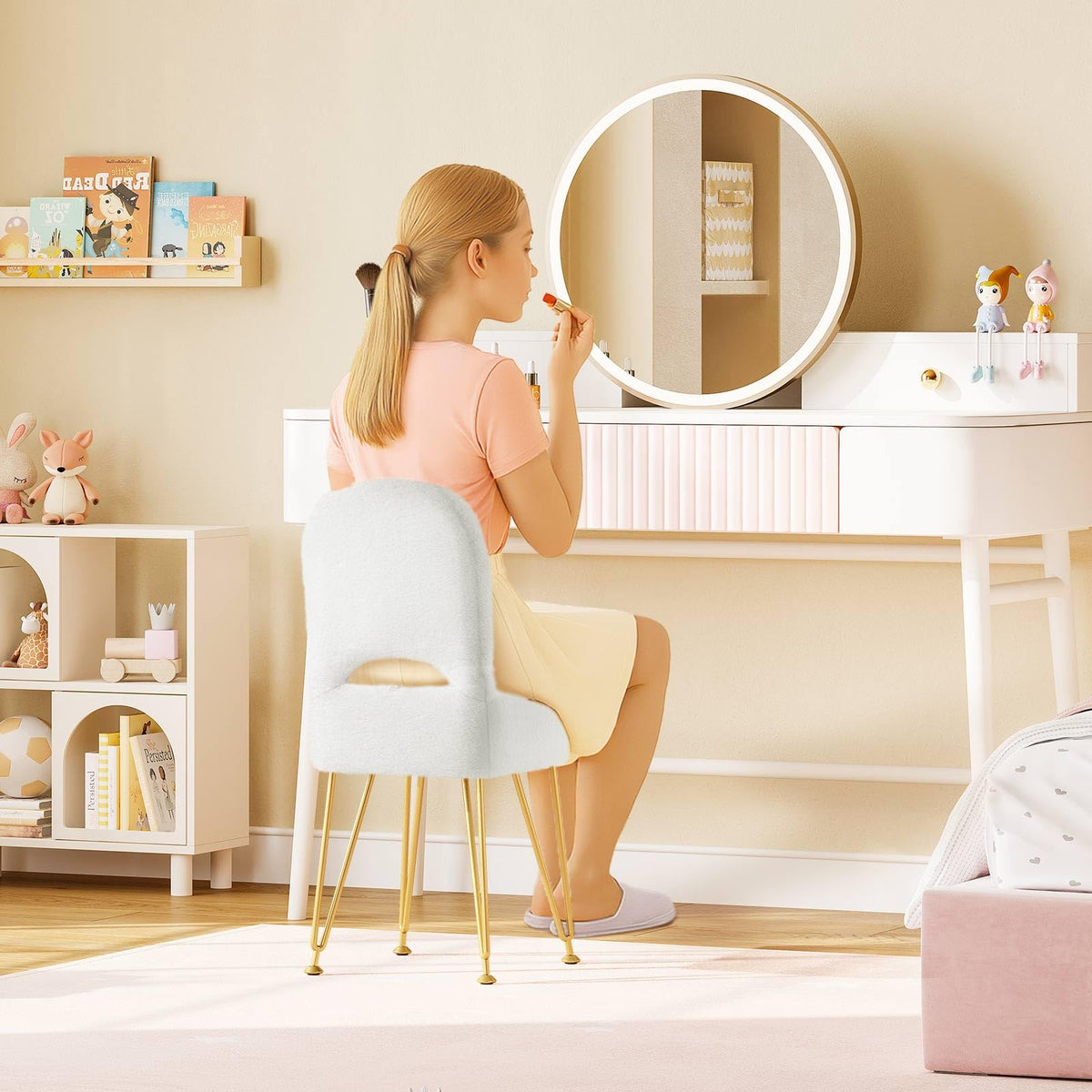 Greenstell vanity stool seat with hidden storage holds cosmetics and tools.