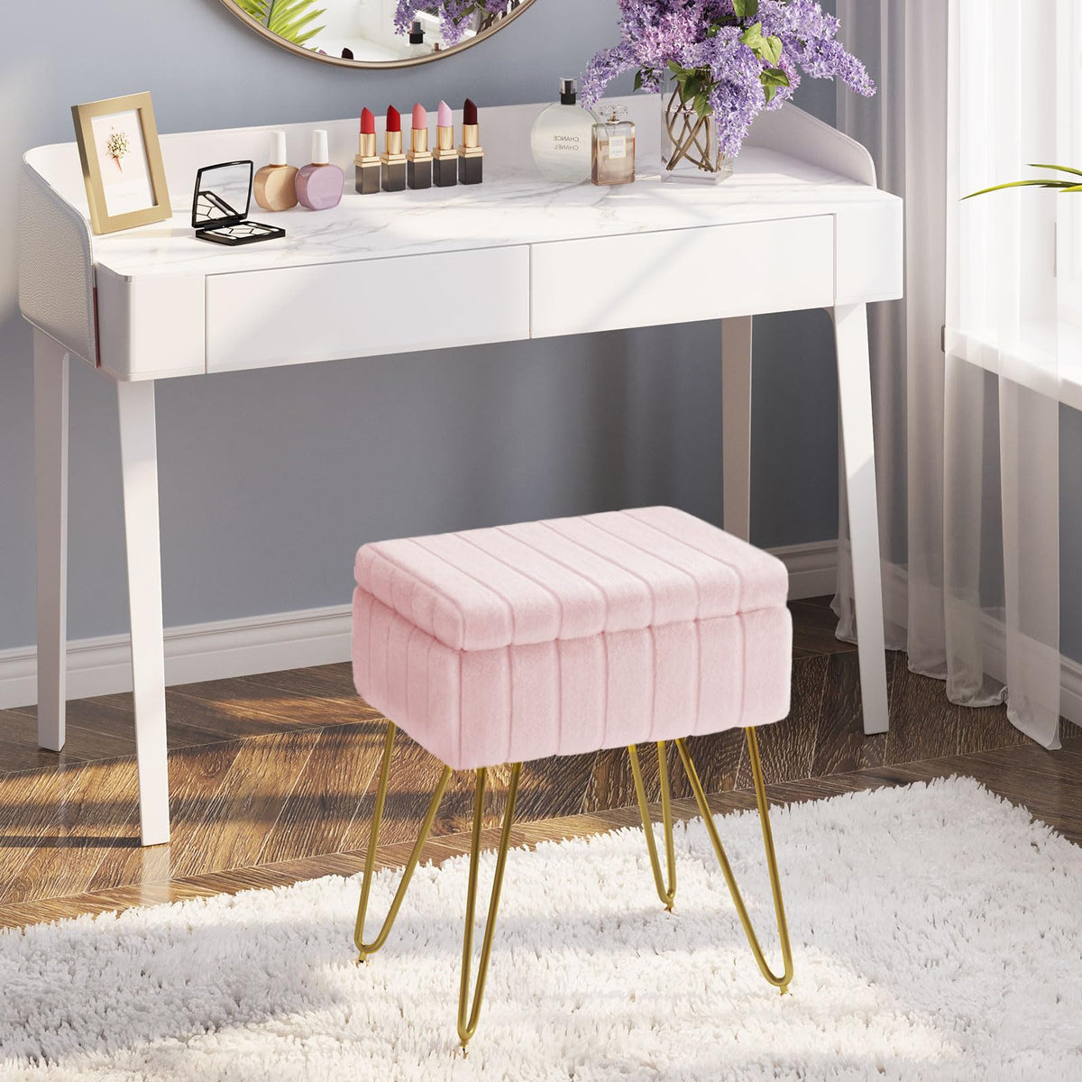 Greenstell vanity stool storage basket open for essentials