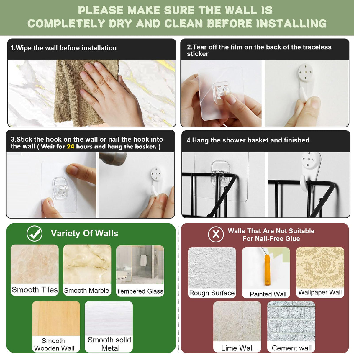 Greentainer adhesive hook option installs on tile or glass surfaces.