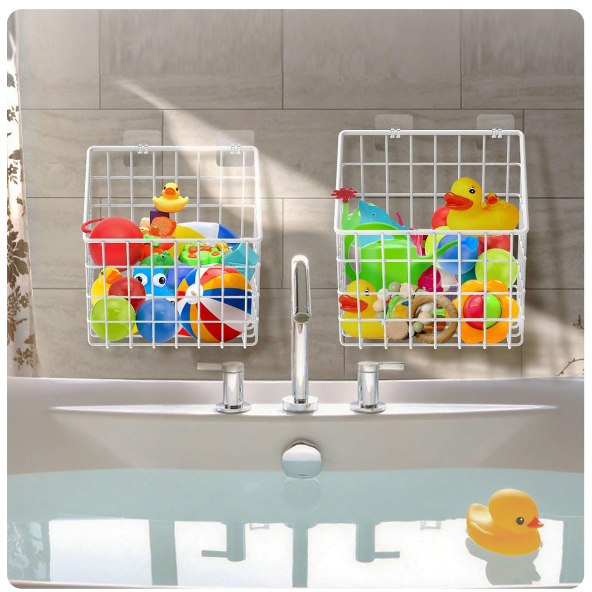 Greentainer dry toy bath storage setup keeps bath clutter away.