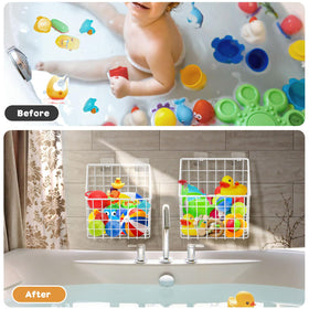 Greentainer wall mounted bath caddy for toys 2pack enables quick toy access.