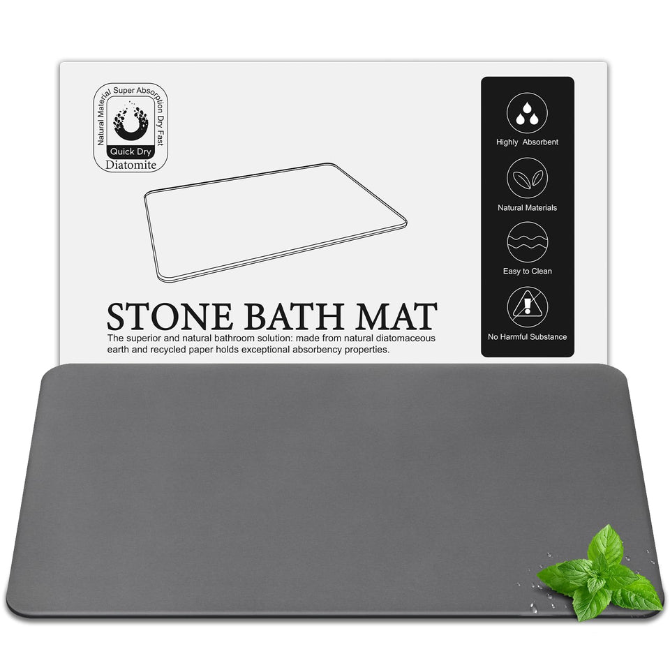 Greenturf Large Diatomite Stone Bath Mat 30x17 in Dark Grey with fast-drying surface reduces water pooling.