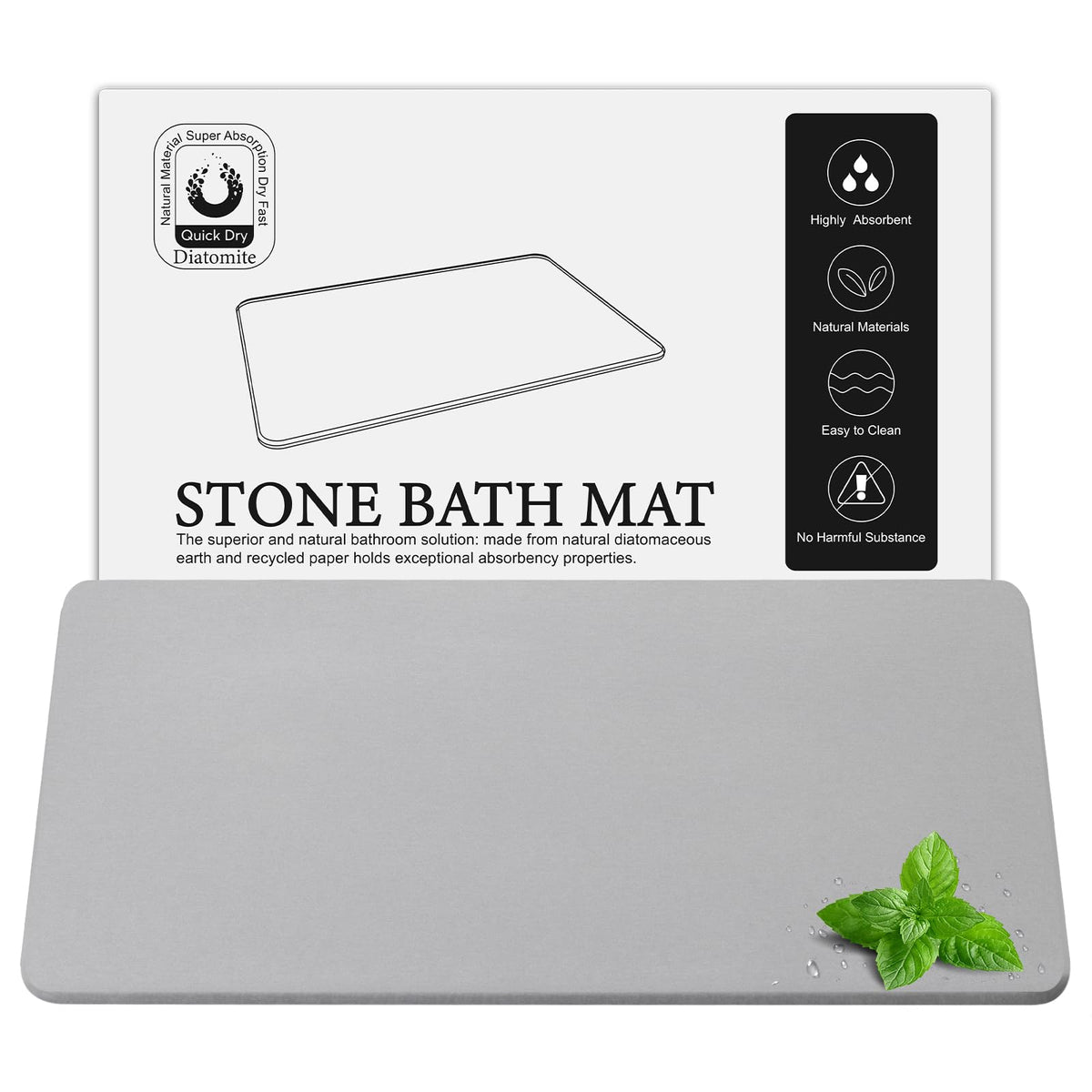 Greenturf large diatomite stone bath mat 30x17 for fast drying and safety.