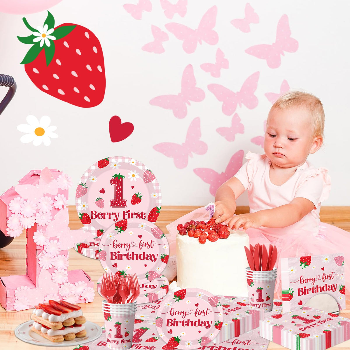 GREHUMOR berry first birthday 7-inch plates crafted for kid-friendly servings and cute photos.