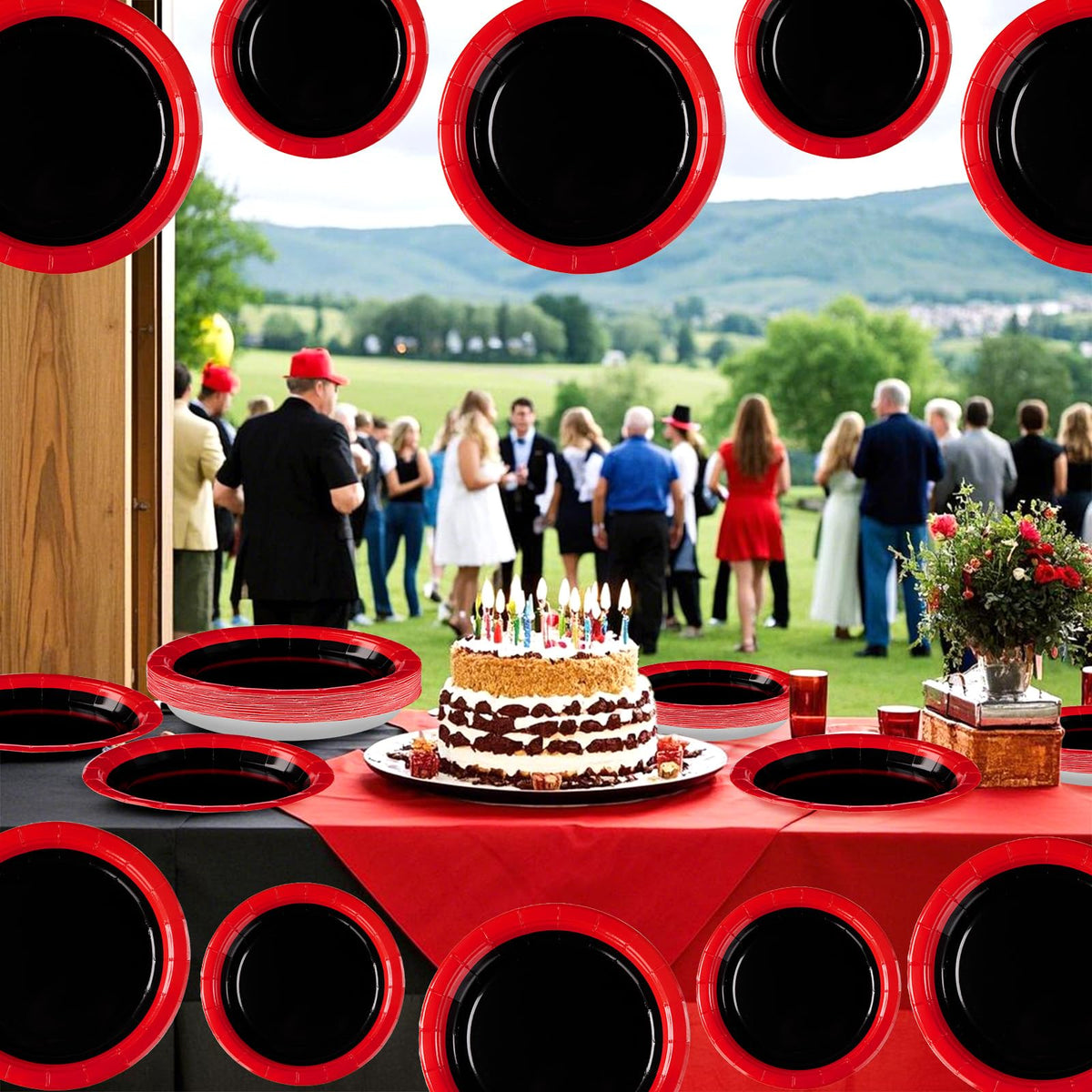 Grencian red and black design enhances party decor and ambiance