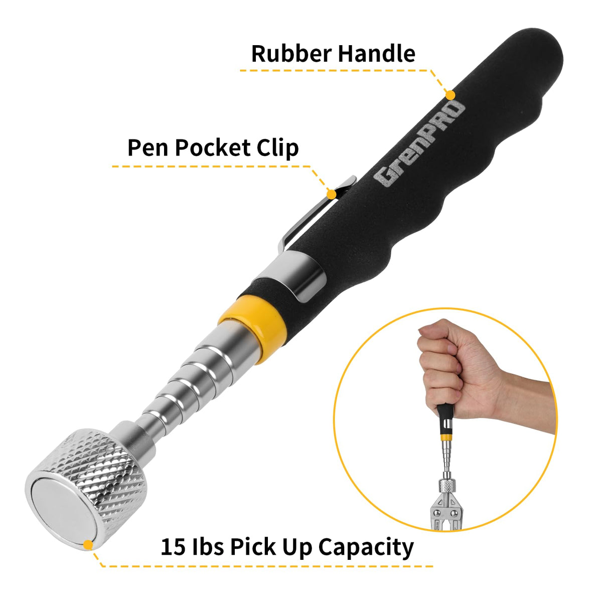 GRENPRO extendable telescoping handle adjusted to desired height