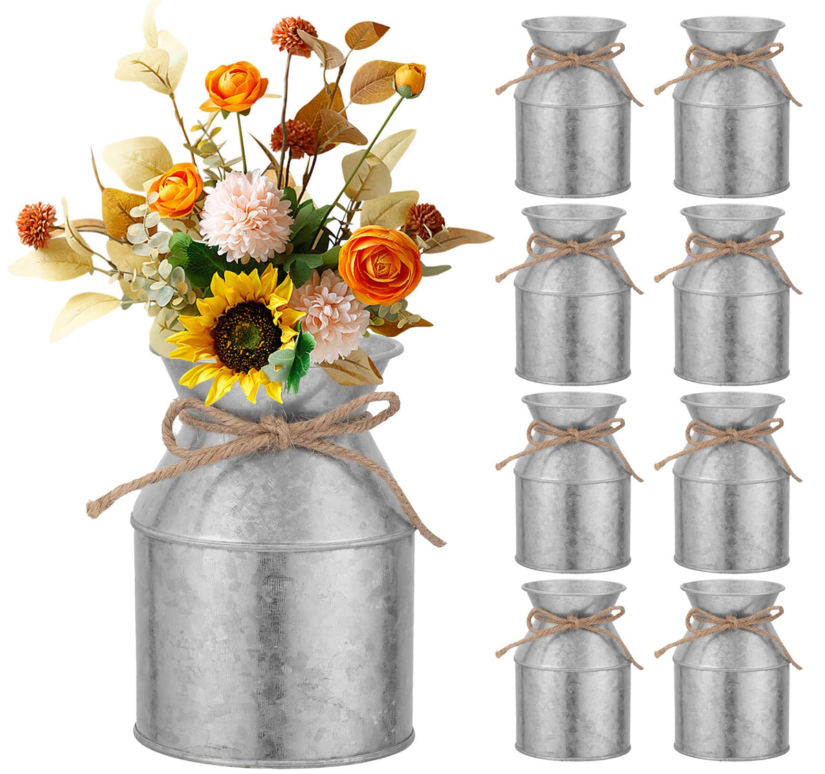 GRETJOB galvanized milk can vase set of eight enhances rustic farmhouse dining decor.
