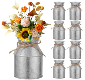 GRETJOB galvanized milk can vase set of eight enhances rustic farmhouse dining decor.