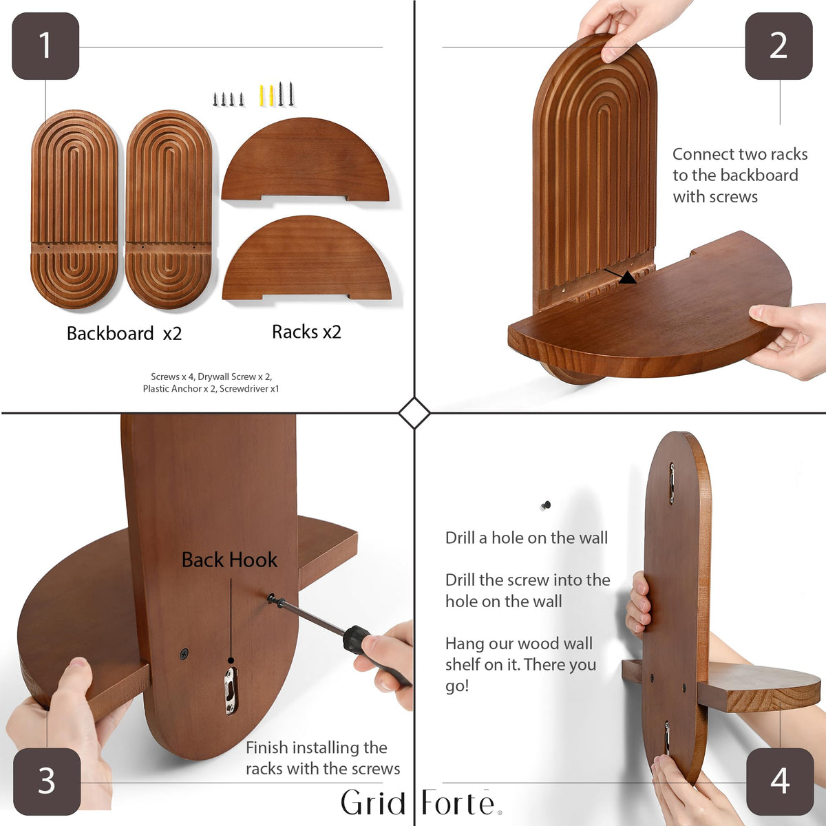 GRID FORTE walnut backboard shelves securely hold small items with simple installation.