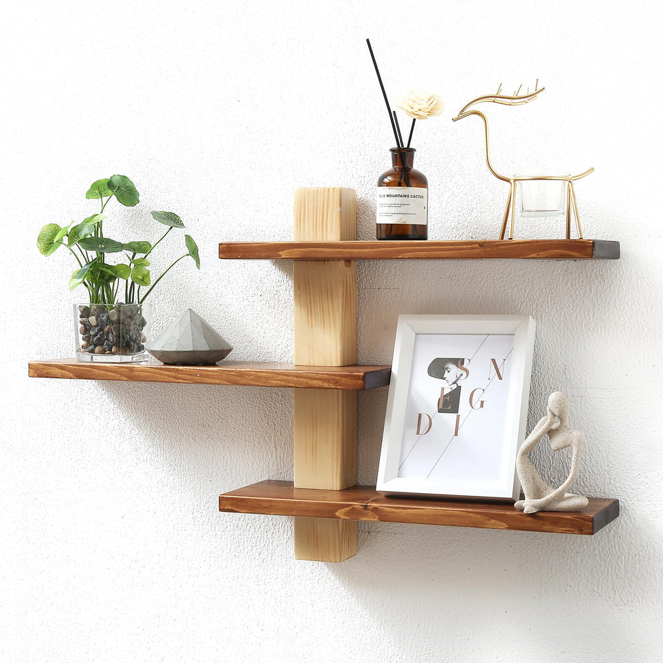 GRID FORTE three-tier wood shelf mounted on wall for organized display
