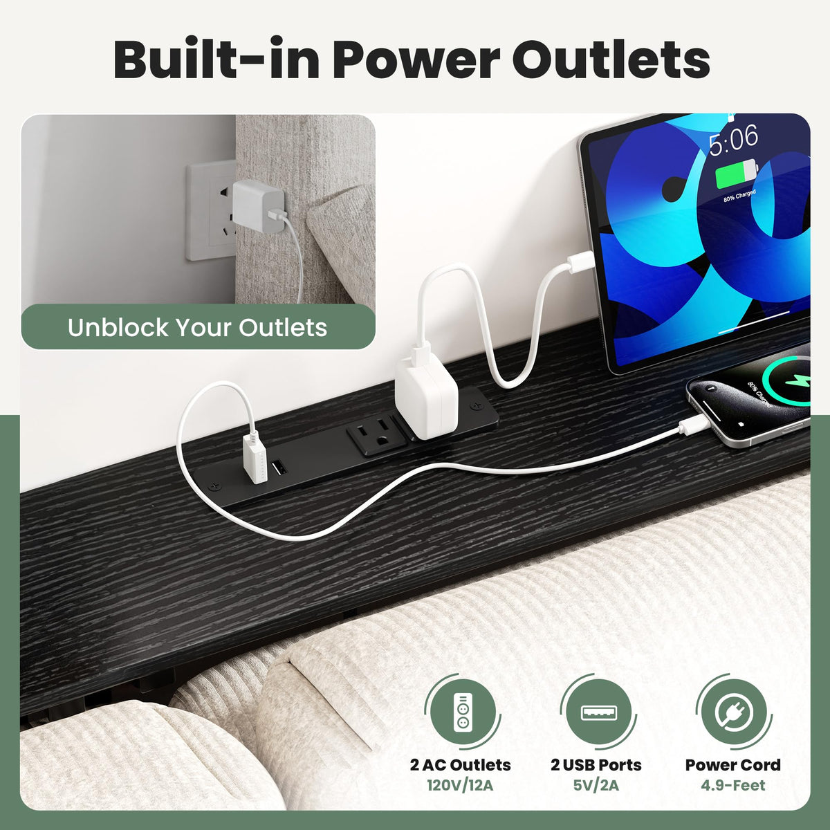 GRLEAF two AC outlets and two USB ports keep laptops and phones powered behind the sofa.