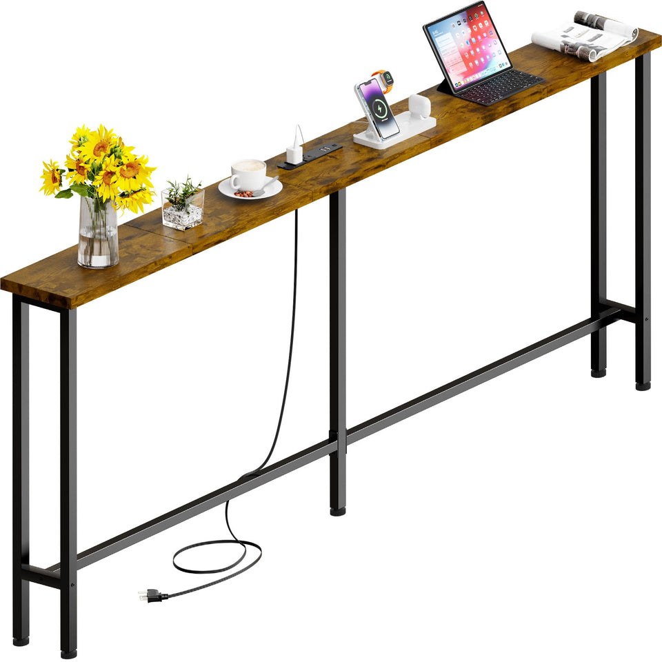 GRLEAF 78-inch sofa table behind the sofa provides surface for décor and charging devices.