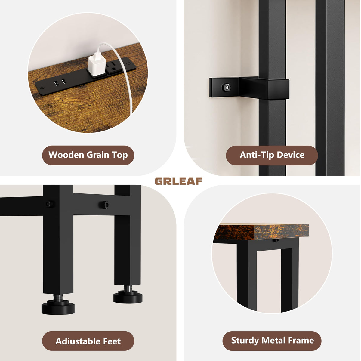 GRLEAF adjustable feet stabilize the table on uneven floors for a level setup.