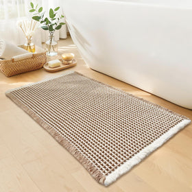GRLYUH waffle bath mat front view in khaki and white, soft and cozy.