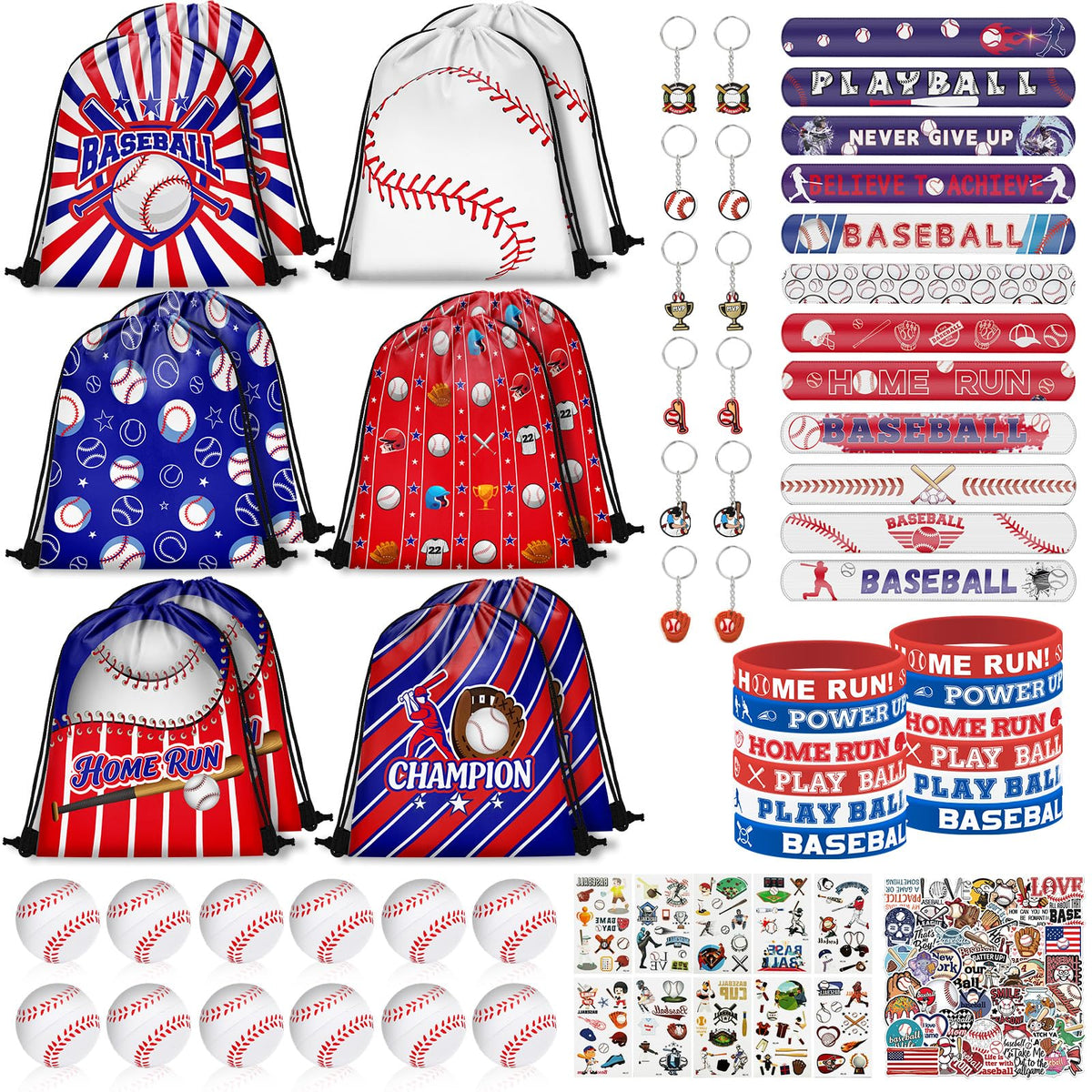 Grneric baseball drawstring bags showcase bold patterns for easy party favor organization.