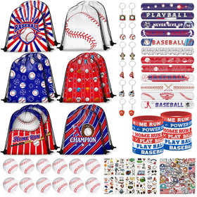 Grneric baseball drawstring bags showcase bold patterns for easy party favor organization.