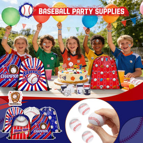 Grneric baseball stickers decorate bags and walls for a themed vibe.