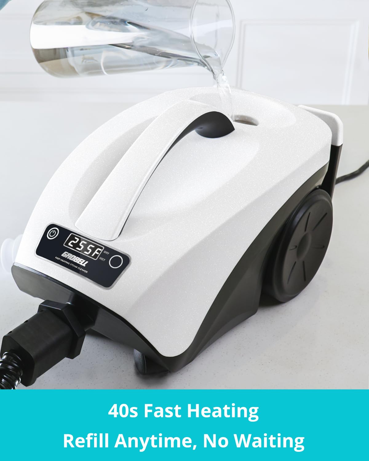 GROBELL steam cleaner demonstrating car interior cleaning without chemicals