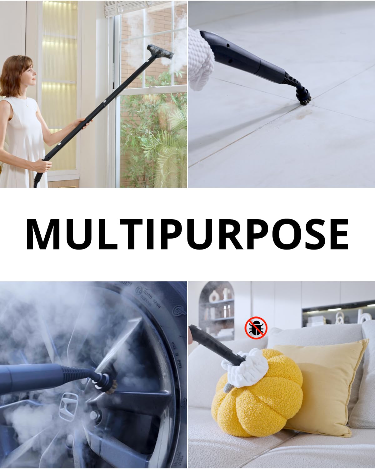 GROBELL steam cleaner used on multiple surfaces including tiles and glass