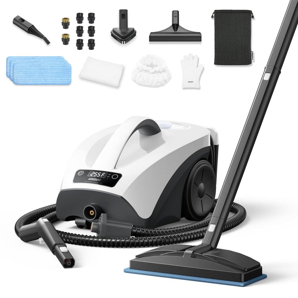 GROBELL steam cleaner quick-heat in action on laminate floor for fast cleaning