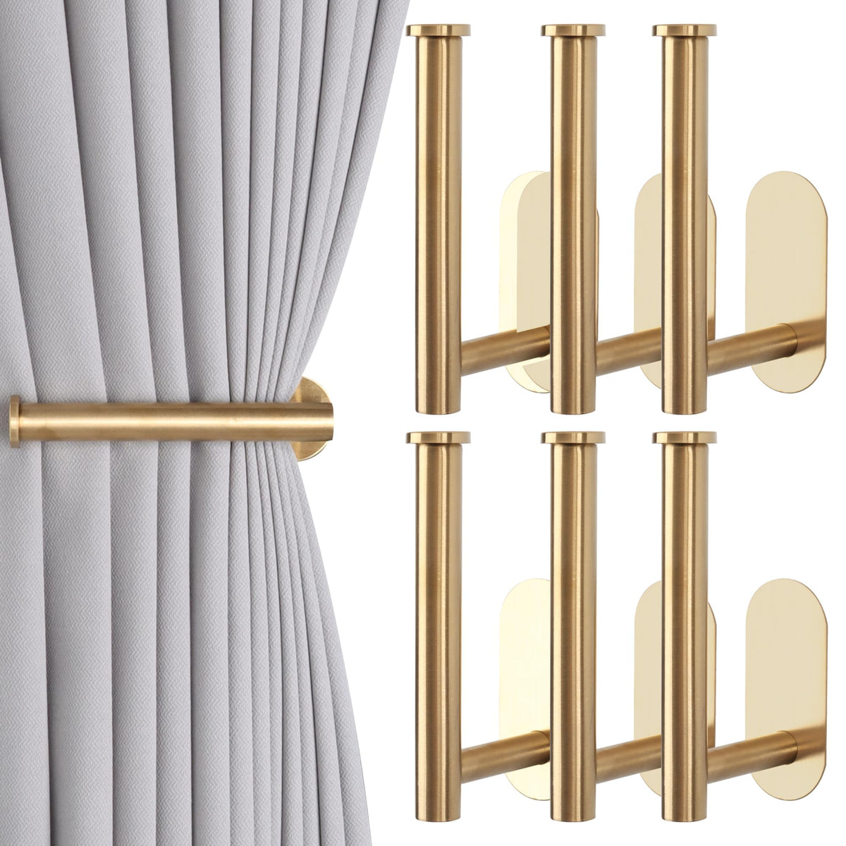 Groleca gold adhesive curtain holdbacks, six-pack, no-drill installation for easy drapery organization.