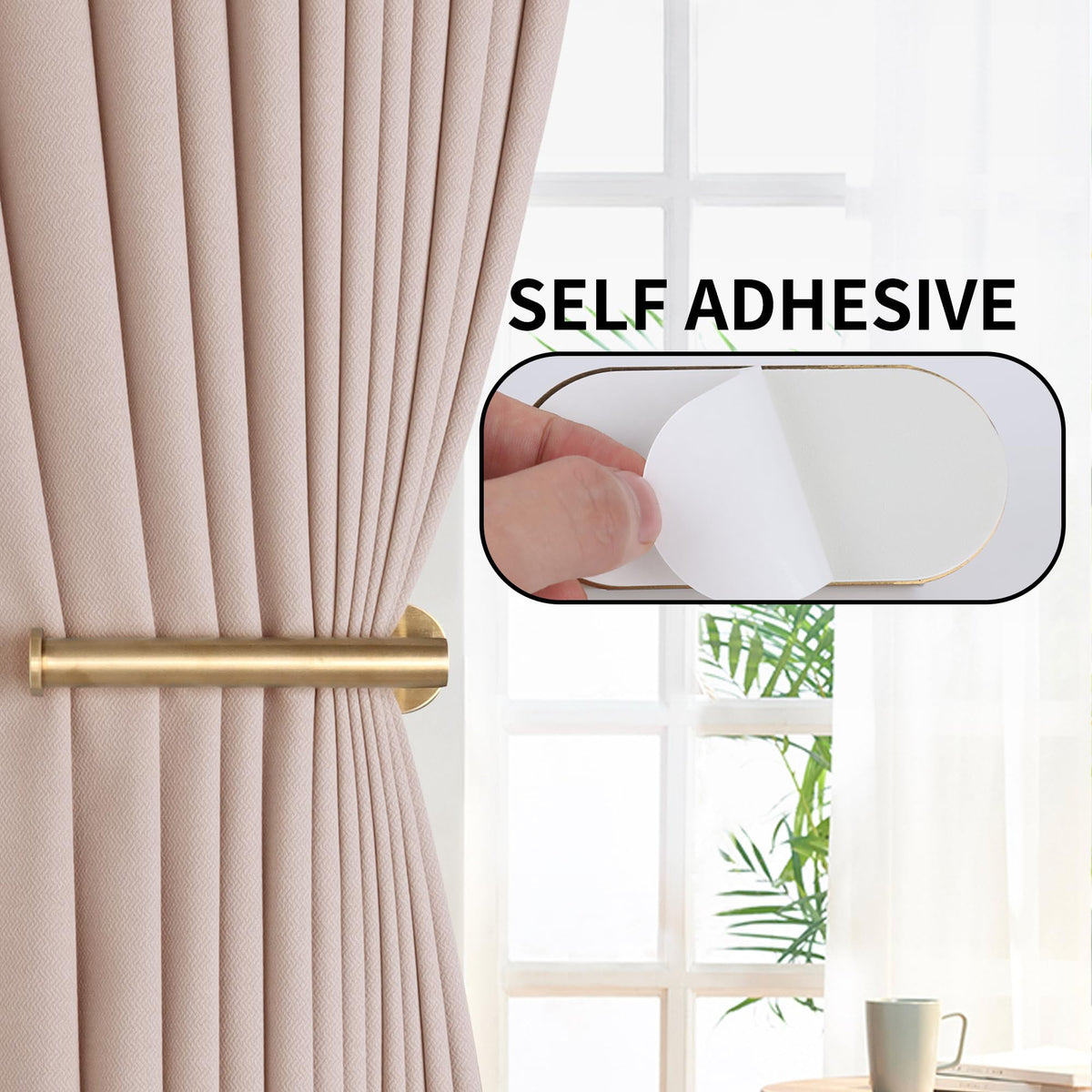 Groleca gold holdbacks mounted on wall, adhesive design, clean look for drapes.