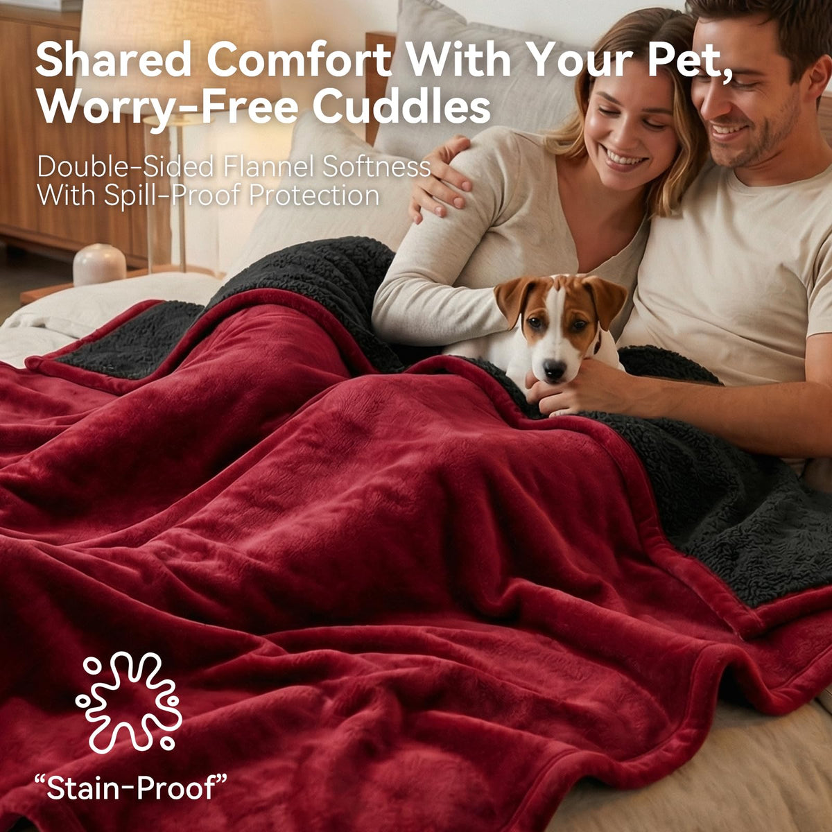 GROOSE waterproof blanket laid over a sofa, showcasing a soft flannel surface.