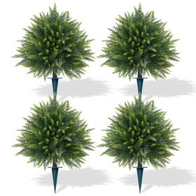 Grooy artificial cedar topiary with ground spike for easy planter setup.