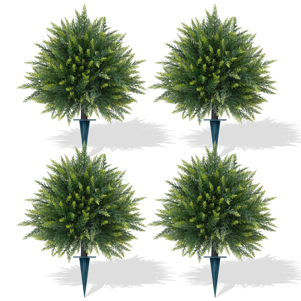 Grooy artificial cedar topiary with ground spike for easy planter setup.