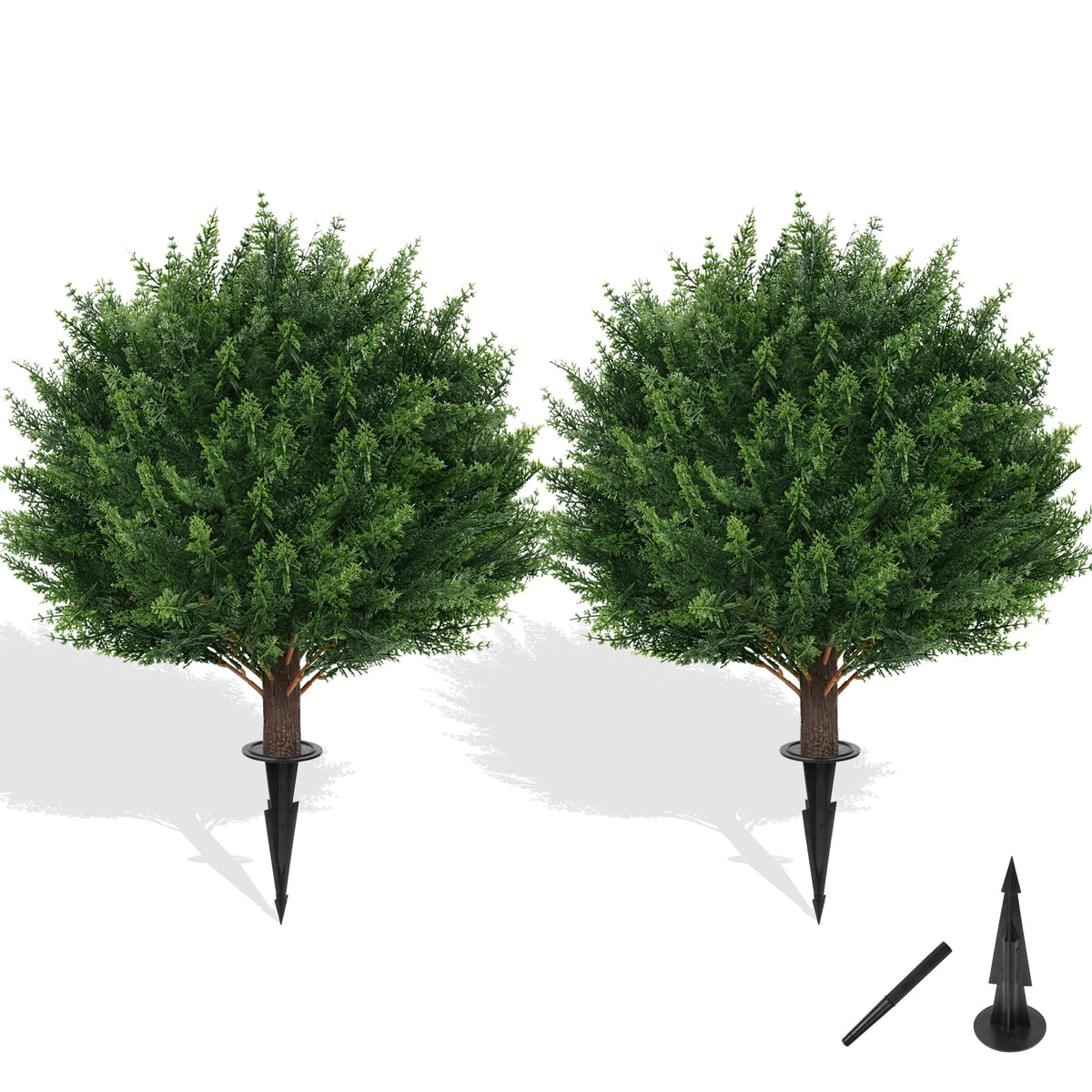 Grooy artificial cypress topiary with ground spike for easy outdoor planting.