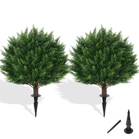 Grooy artificial cypress topiary with ground spike for easy outdoor planting.