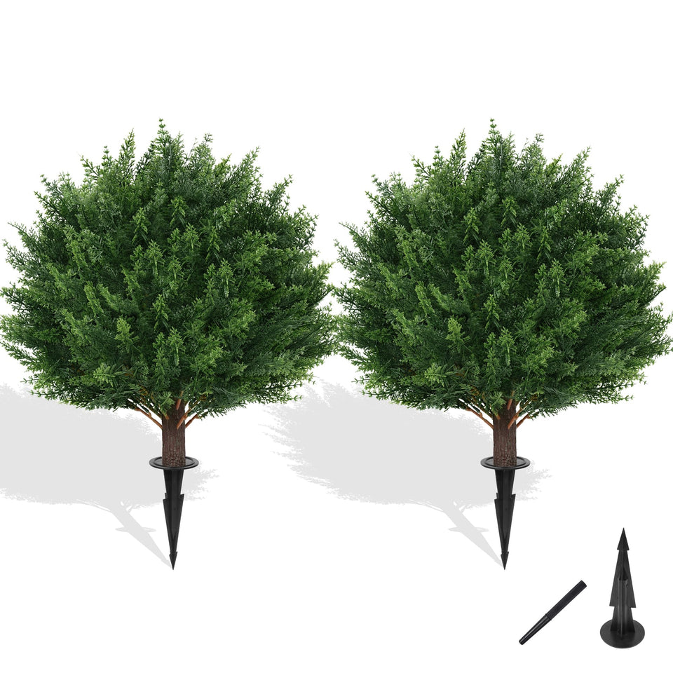 Grooy artificial cypress topiary with ground spike for easy outdoor planting.
