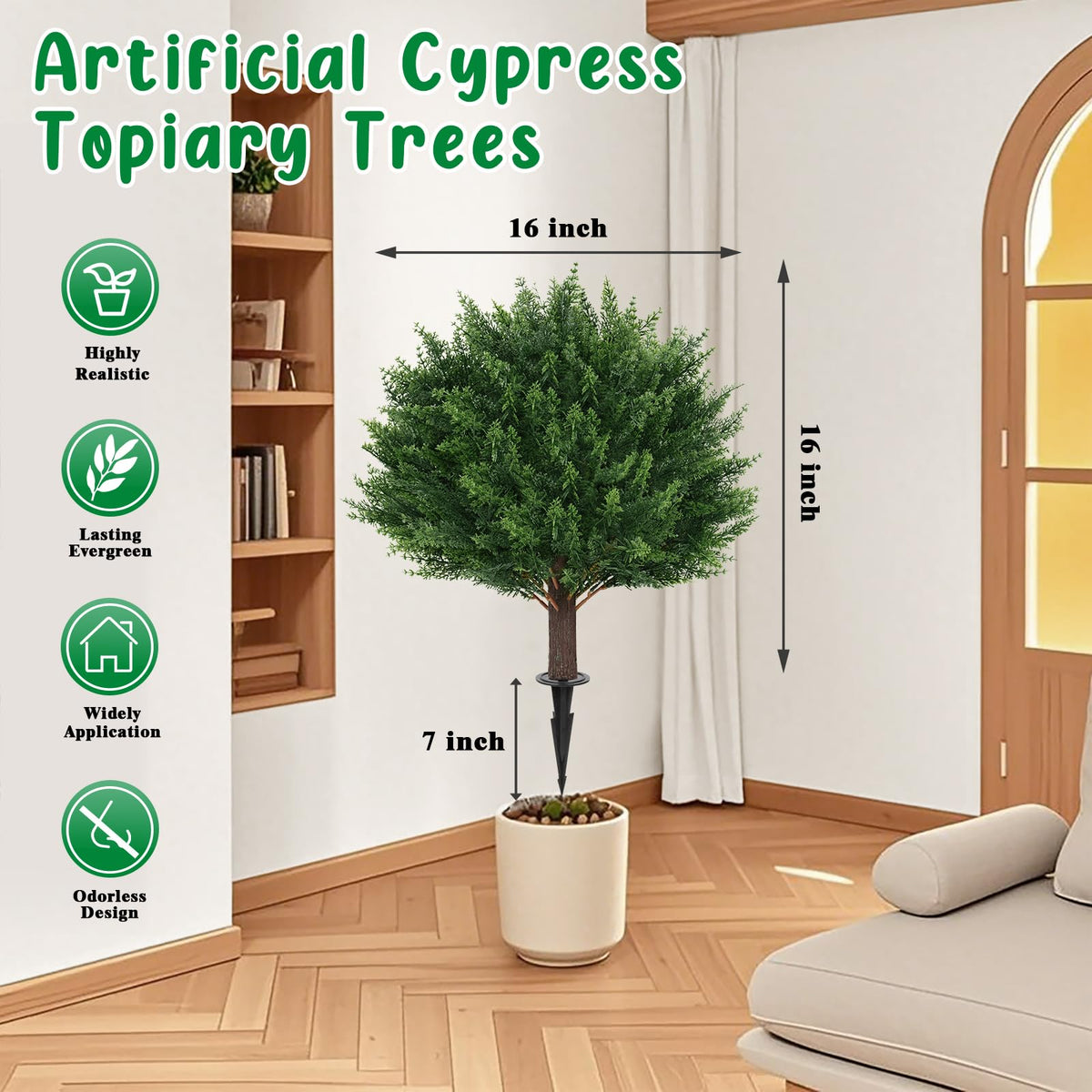 Grooy artificial cypress topiary in planter demonstrates quick setup and secure placement