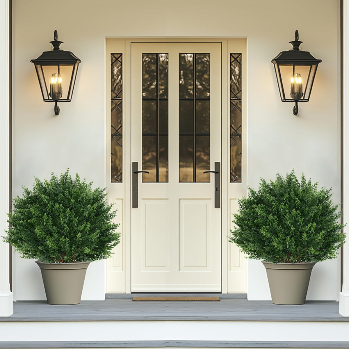 Grooy artificial cypress topiary on outdoor porch adds evergreen charm year-round