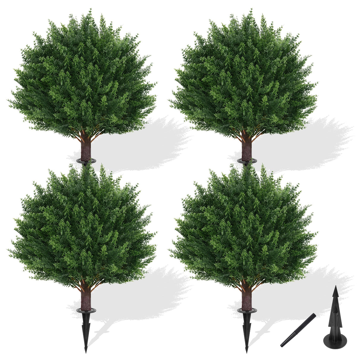 Grooy artificial cypress topiary tree with ground spike in a planter for easy outdoor display