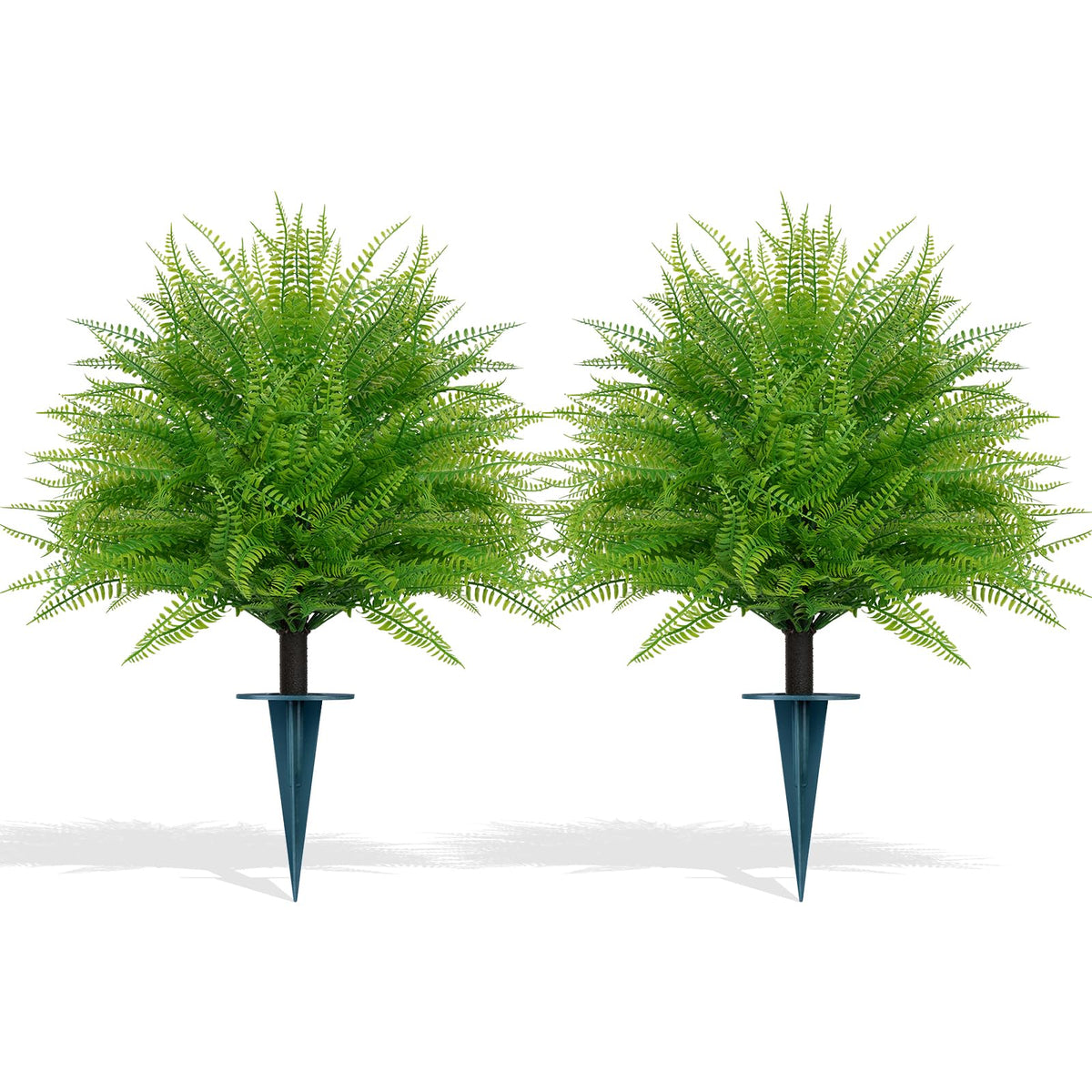 Grooy artificial fern topiary ball with ground spike on porch adds year-round greenery.