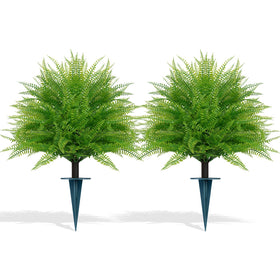 Grooy artificial fern topiary ball with ground spike on porch adds year-round greenery.