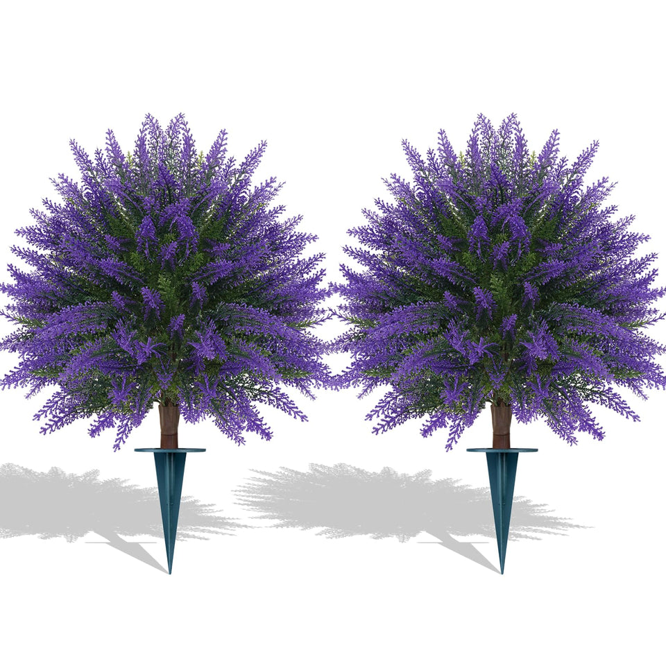 Grooy artificial lavender topiary ball set with ground spikes for sturdy outdoor display