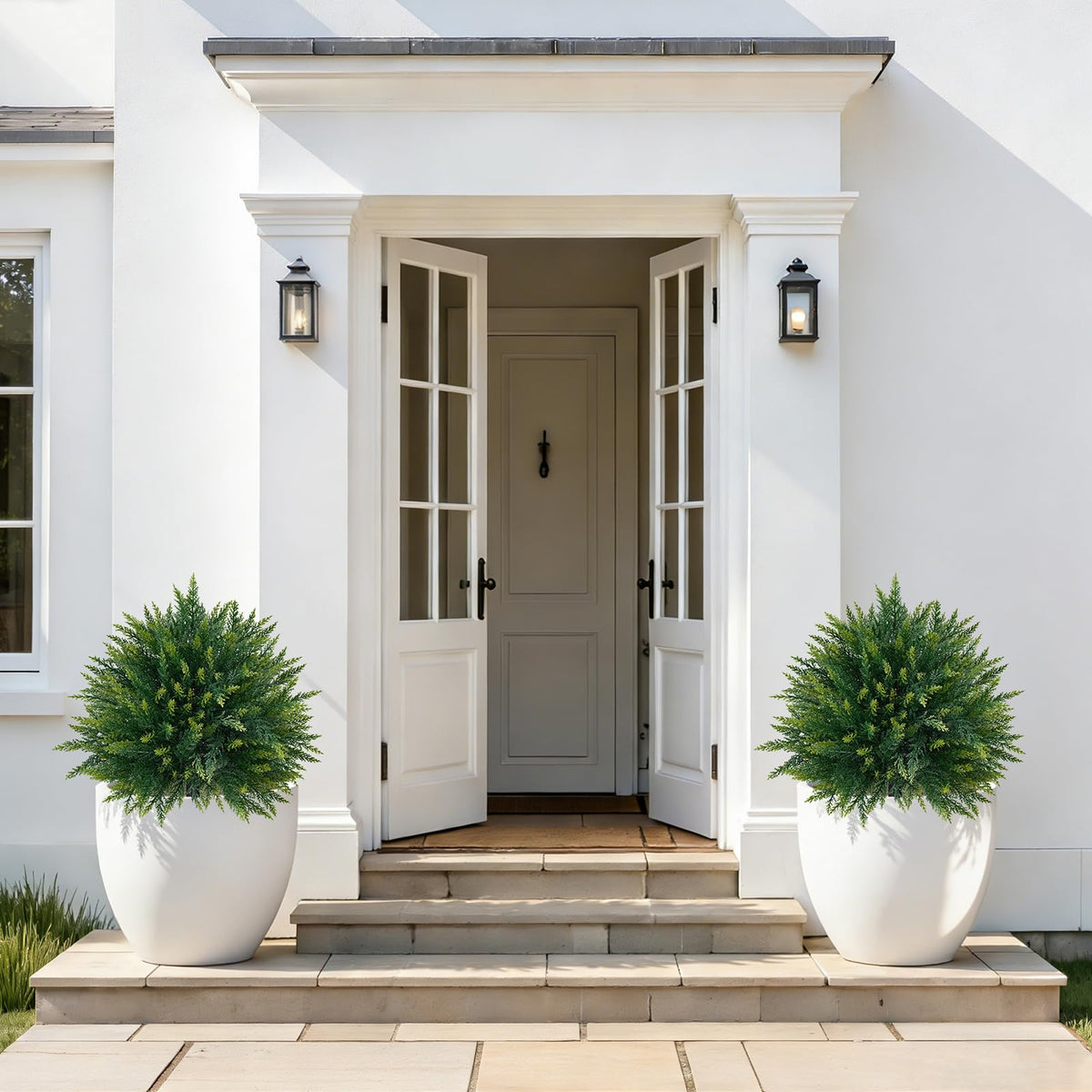 Grooy UV-resistant artificial cypress topiary designed for outdoor weather.