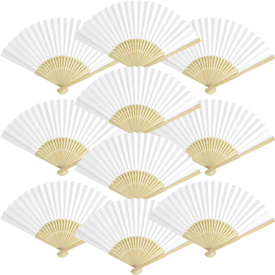 Grosun 50-pack white paper fans for wedding decor and guest cooling.