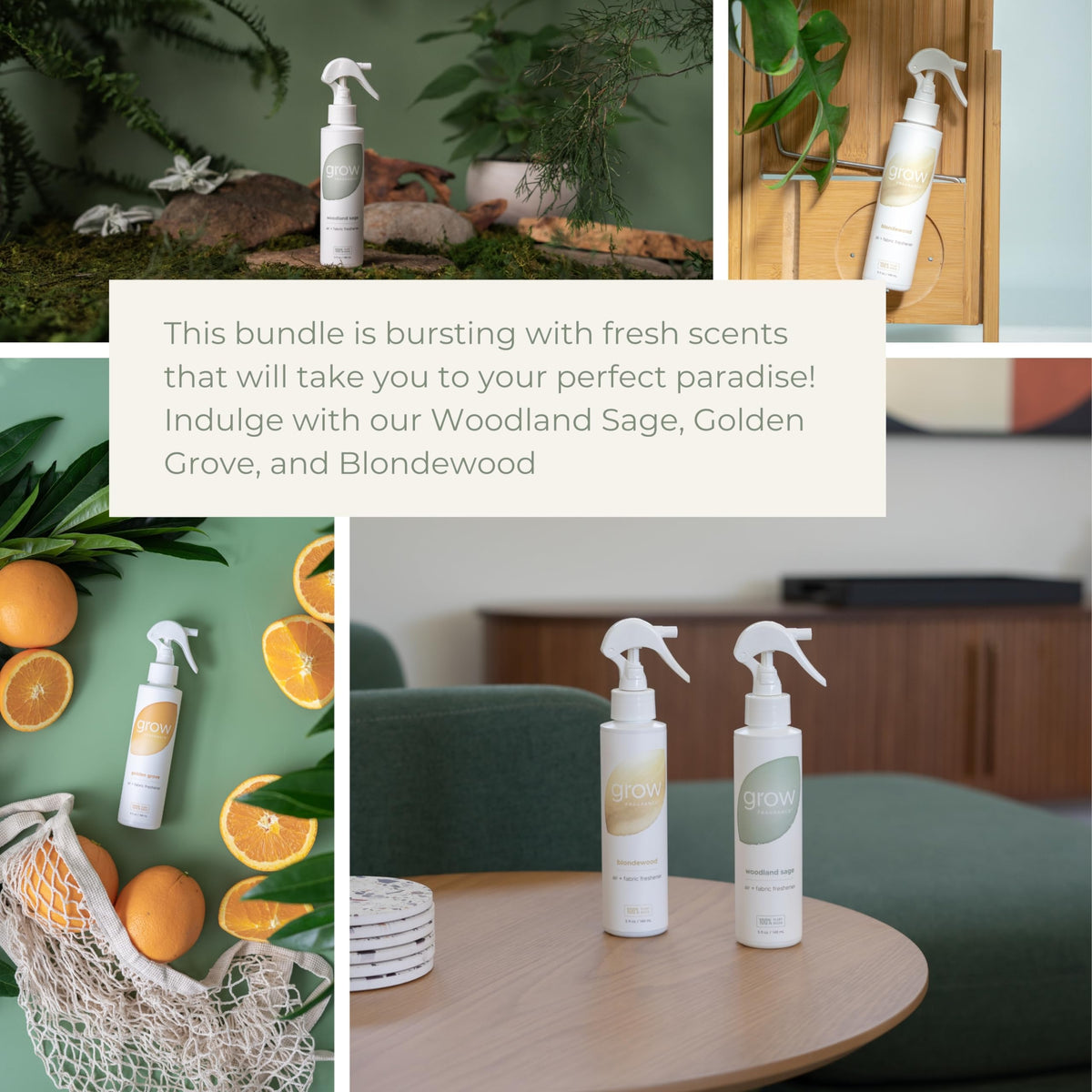 Grow Fragrance Blondewood packaging highlights a woodsy aroma for fabrics.