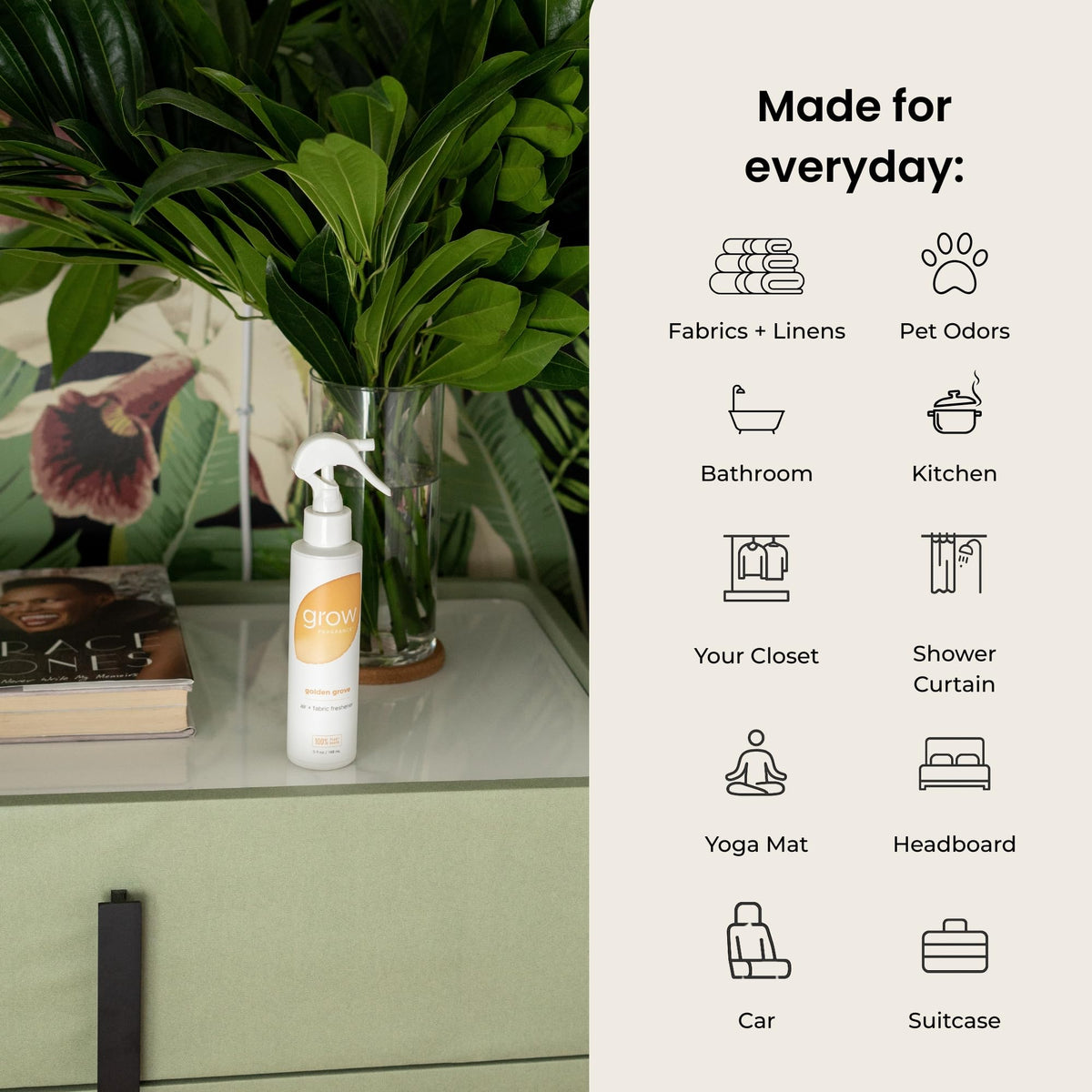 Grow Fragrance Golden Grove room spray creates a vibrant citrus-green ambiance.