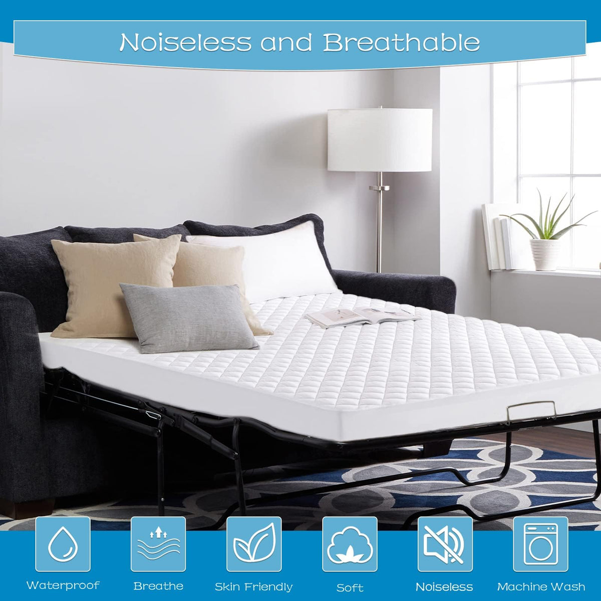 GRT Noiseless topper on mattress for quiet nights and undisturbed sleep.