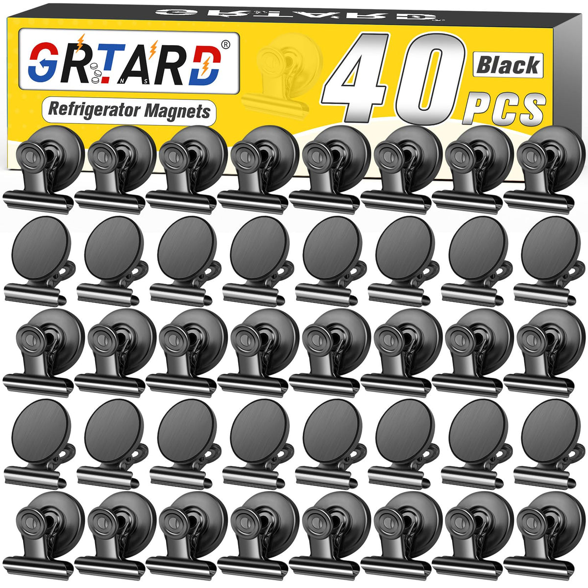 Grtard 40-pack magnetic clips providing strong hold for papers and photos on a metal surface.