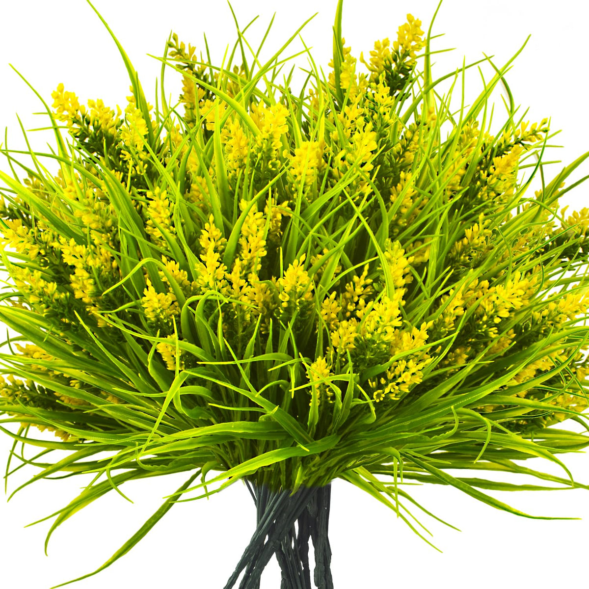 Grunyia 20 bundles of artificial monkey grass with yellow flowers for outdoor decor.