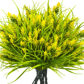 Grunyia 20 bundles of artificial monkey grass with yellow flowers for outdoor decor.